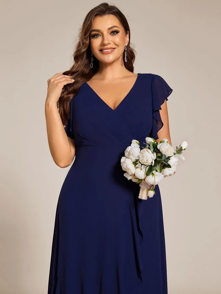 Robe de demoiselle d'honneur grande taille en mousseline de soie avec manches à volants