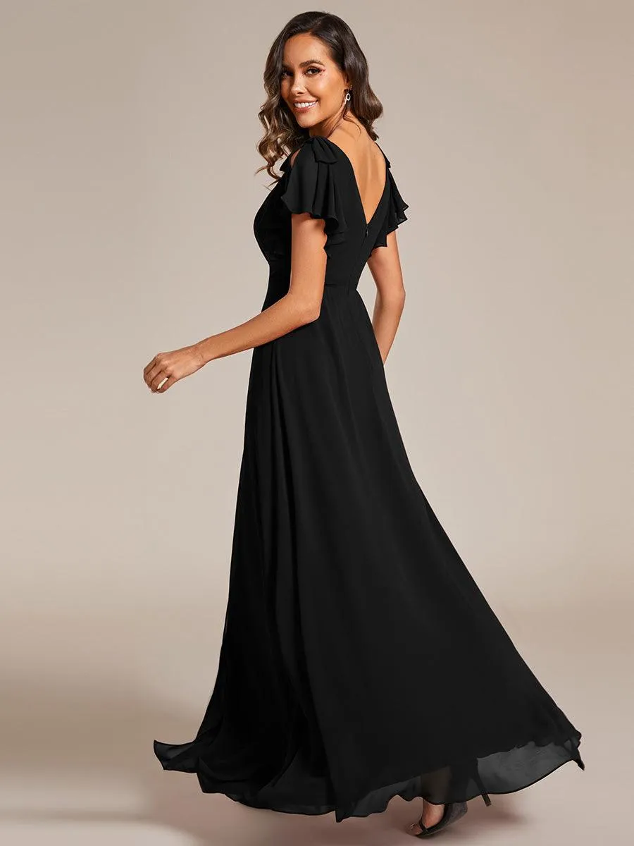 Robe de demoiselle d'honneur trapèze en mousseline à manches courtes avec nœud papillon et fente haute sur le devant
