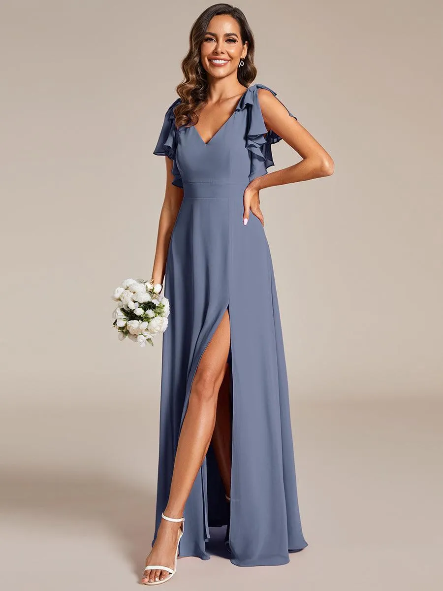 Robe de demoiselle d'honneur trapèze en mousseline à manches courtes avec nœud papillon et fente haute sur le devant