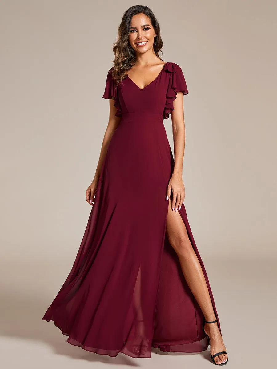 Robe de demoiselle d'honneur trapèze en mousseline à manches courtes avec nœud papillon et fente haute sur le devant