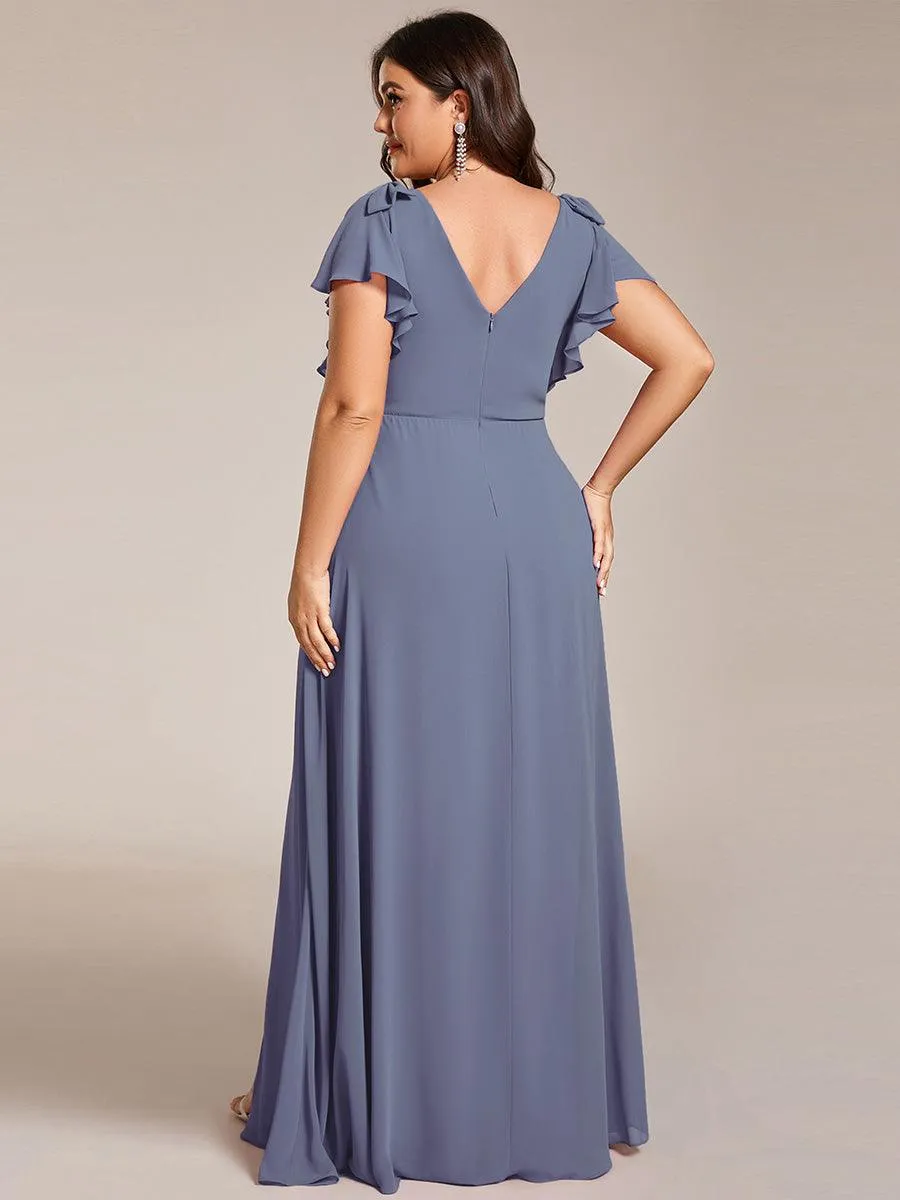 Robe de demoiselle d'honneur trapèze en mousseline à manches courtes avec nœud papillon et fente haute sur le devant