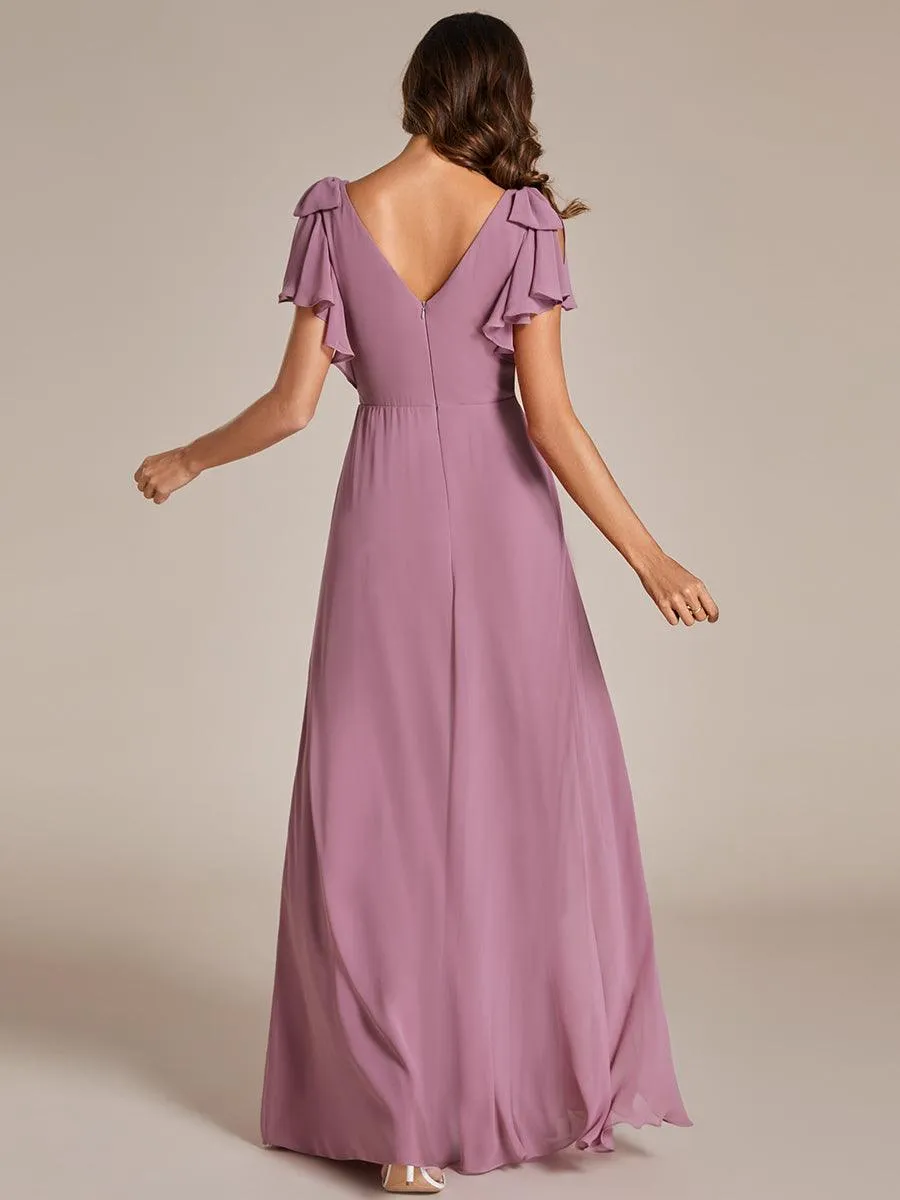 Robe de demoiselle d'honneur trapèze en mousseline à manches courtes avec nœud papillon et fente haute sur le devant