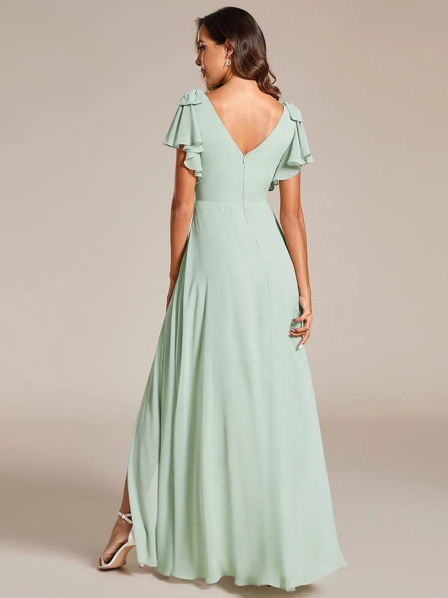 Robe de demoiselle d'honneur trapèze en mousseline à manches courtes avec nœud papillon et fente haute sur le devant