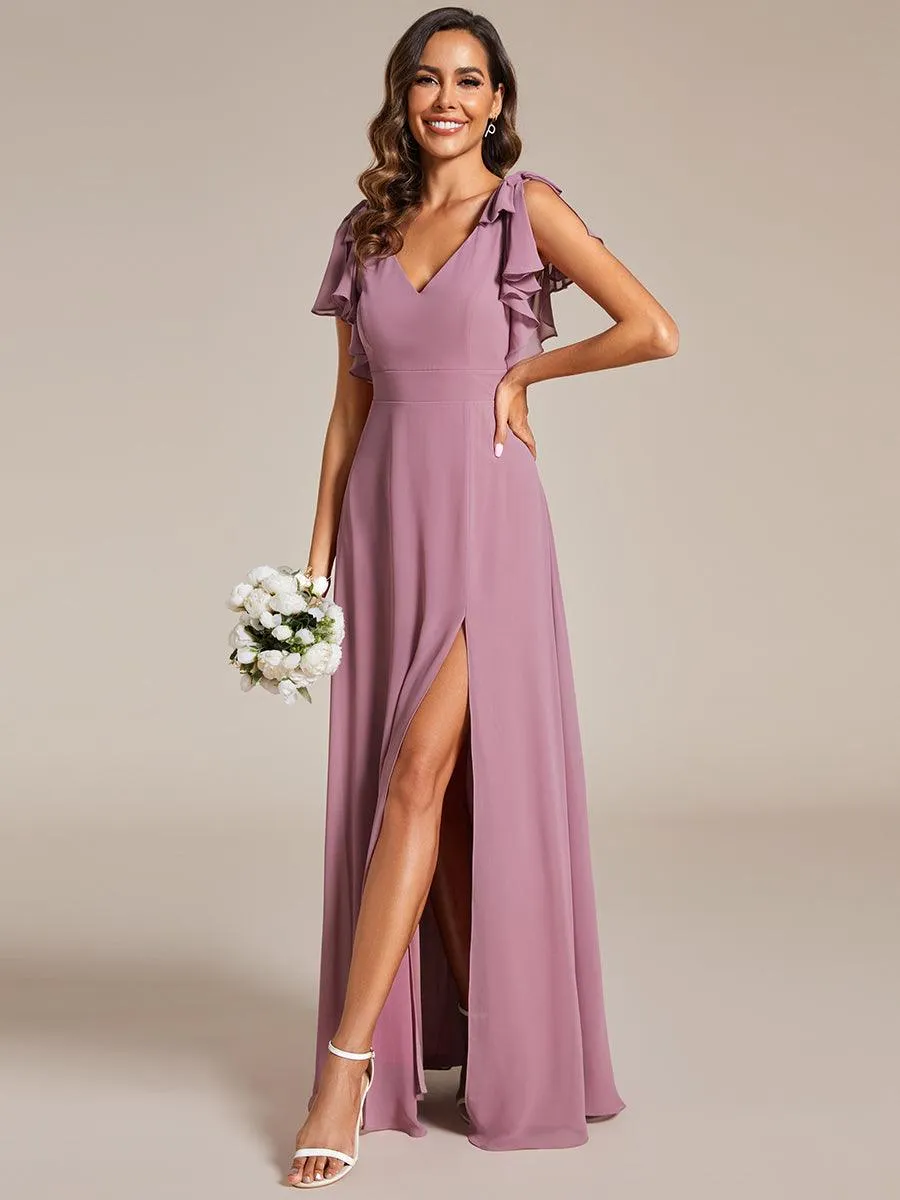 Robe de demoiselle d'honneur trapèze en mousseline à manches courtes avec nœud papillon et fente haute sur le devant