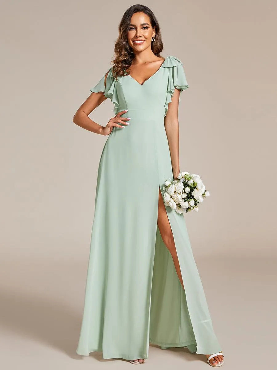 Robe de demoiselle d'honneur trapèze en mousseline à manches courtes avec nœud papillon et fente haute sur le devant