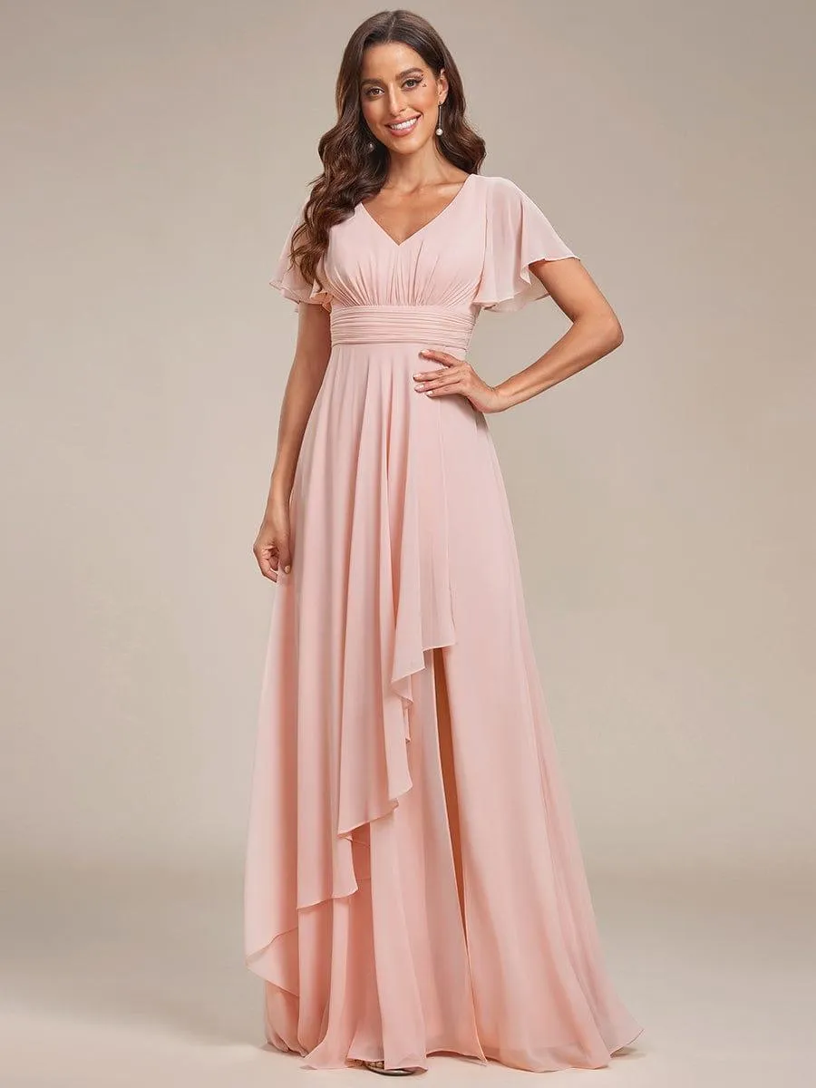 Robe de soirée en mousseline à manches volantées et à volants