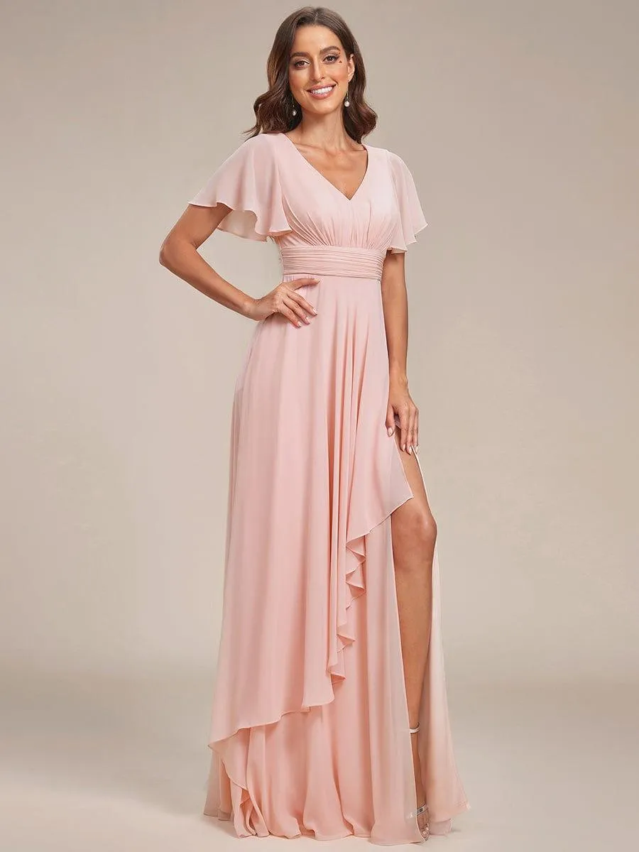 Robe de soirée en mousseline à manches volantées et à volants