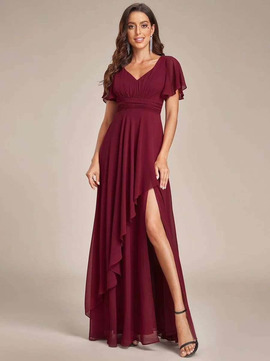 Robe de soirée en mousseline à manches volantées et à volants
