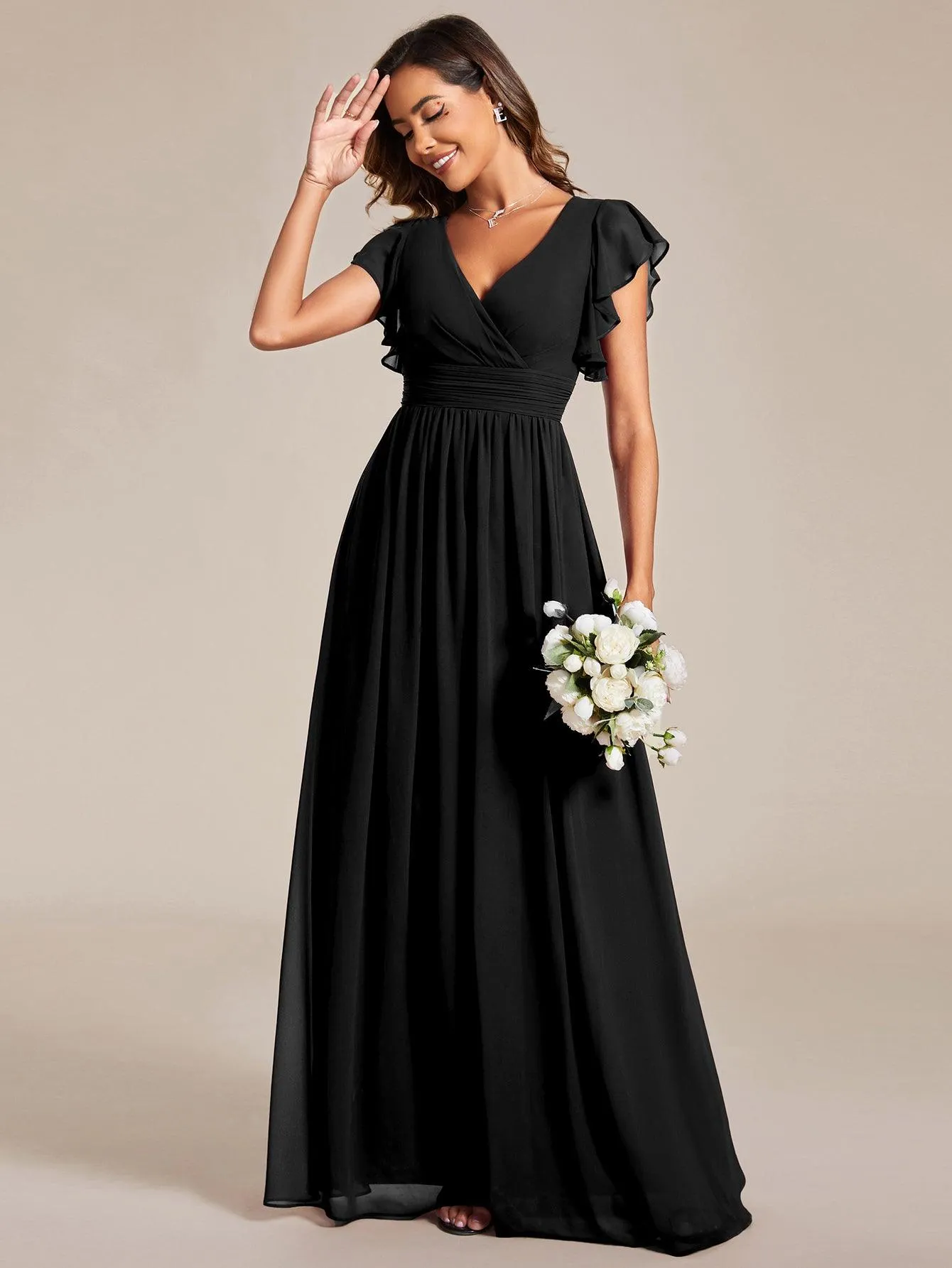 Robe de soirée en mousseline à manches volantées