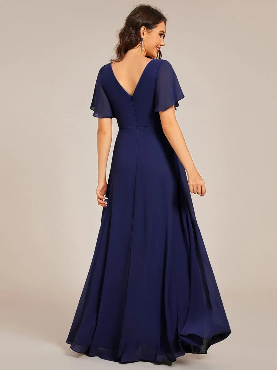 Robe de soirée longue plissée élégante à col en V profond