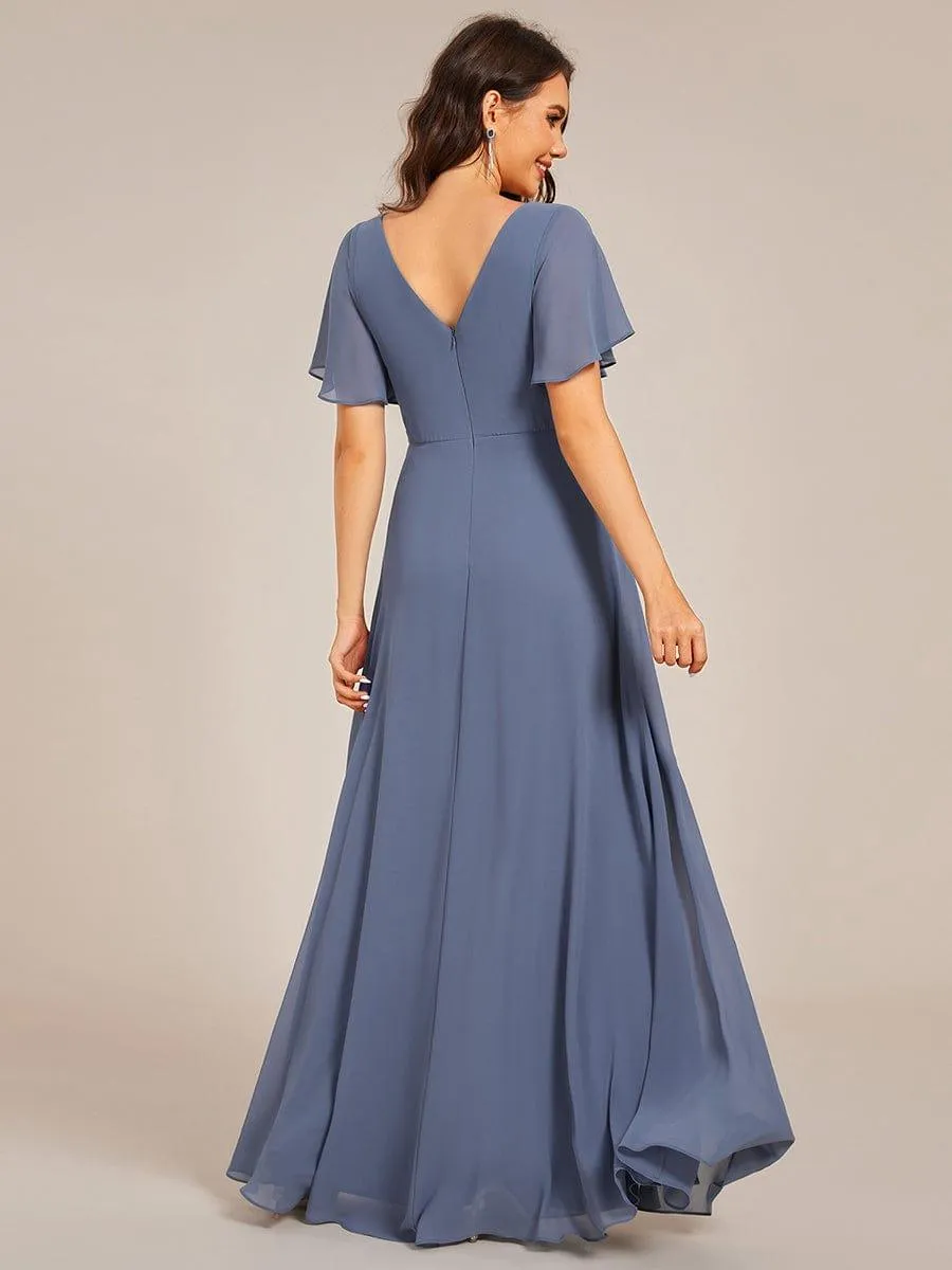Robe de soirée longue plissée élégante à col en V profond