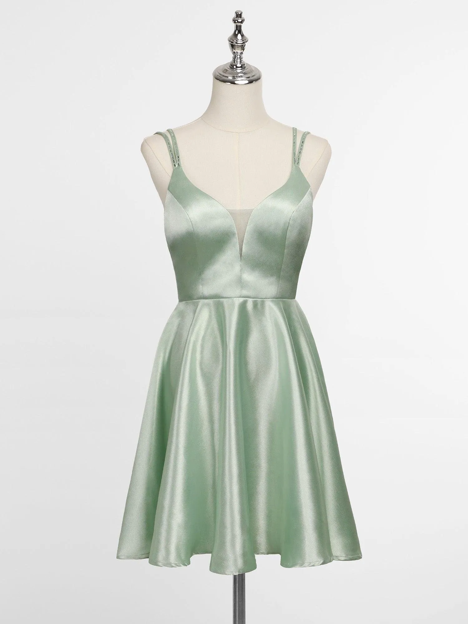 Robe de soirée trapèze en satin à double bretelles spaghetti et strass