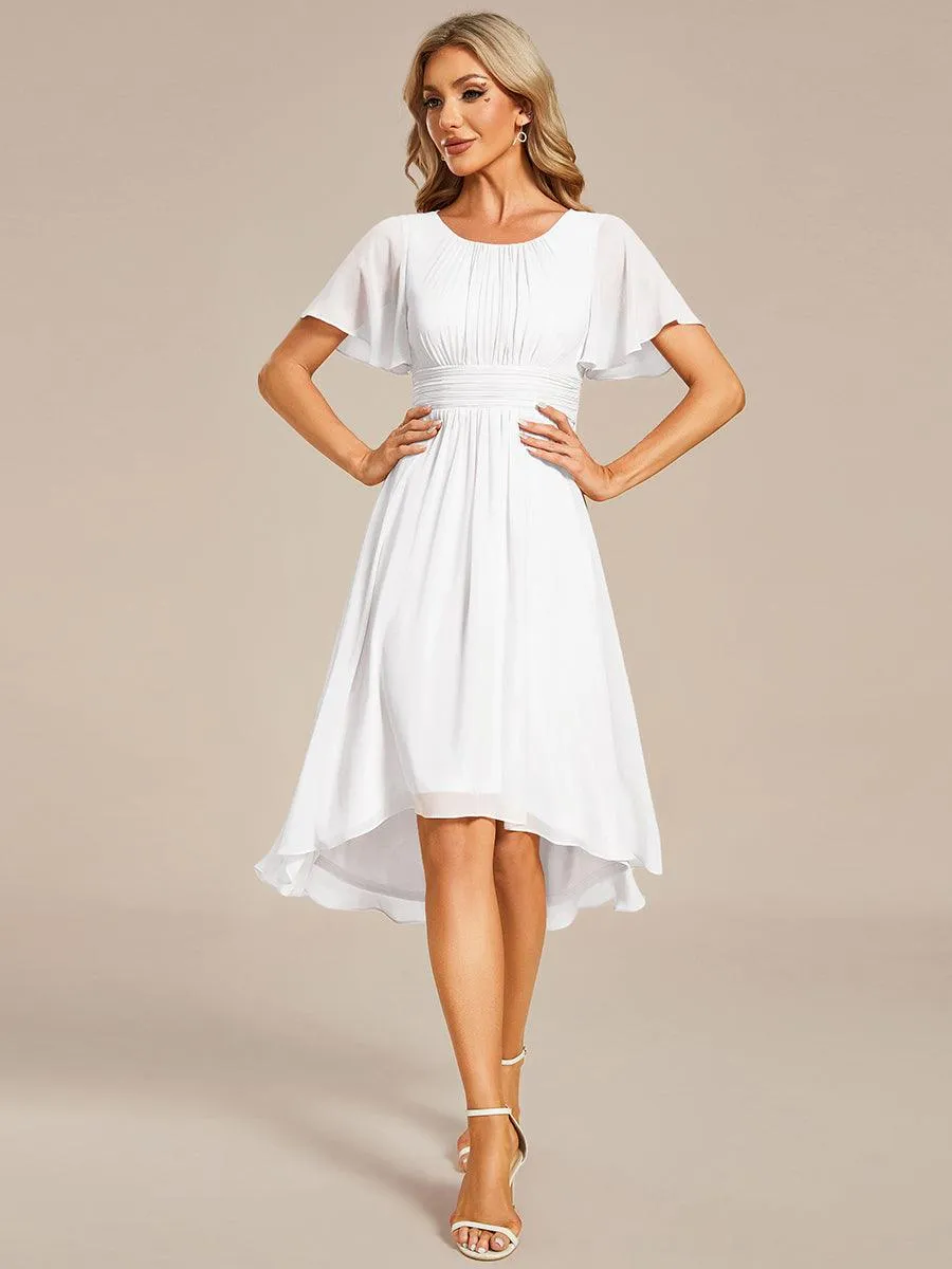 Robe d'invité de mariage trapèze en mousseline fluide à encolure ronde et longueur au genou