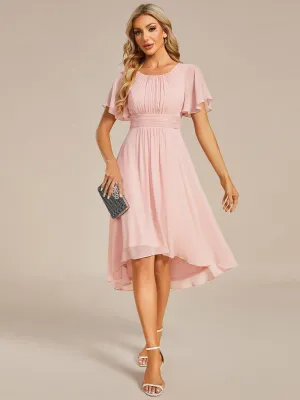 Robe d'invité de mariage trapèze en mousseline fluide à encolure ronde et longueur au genou