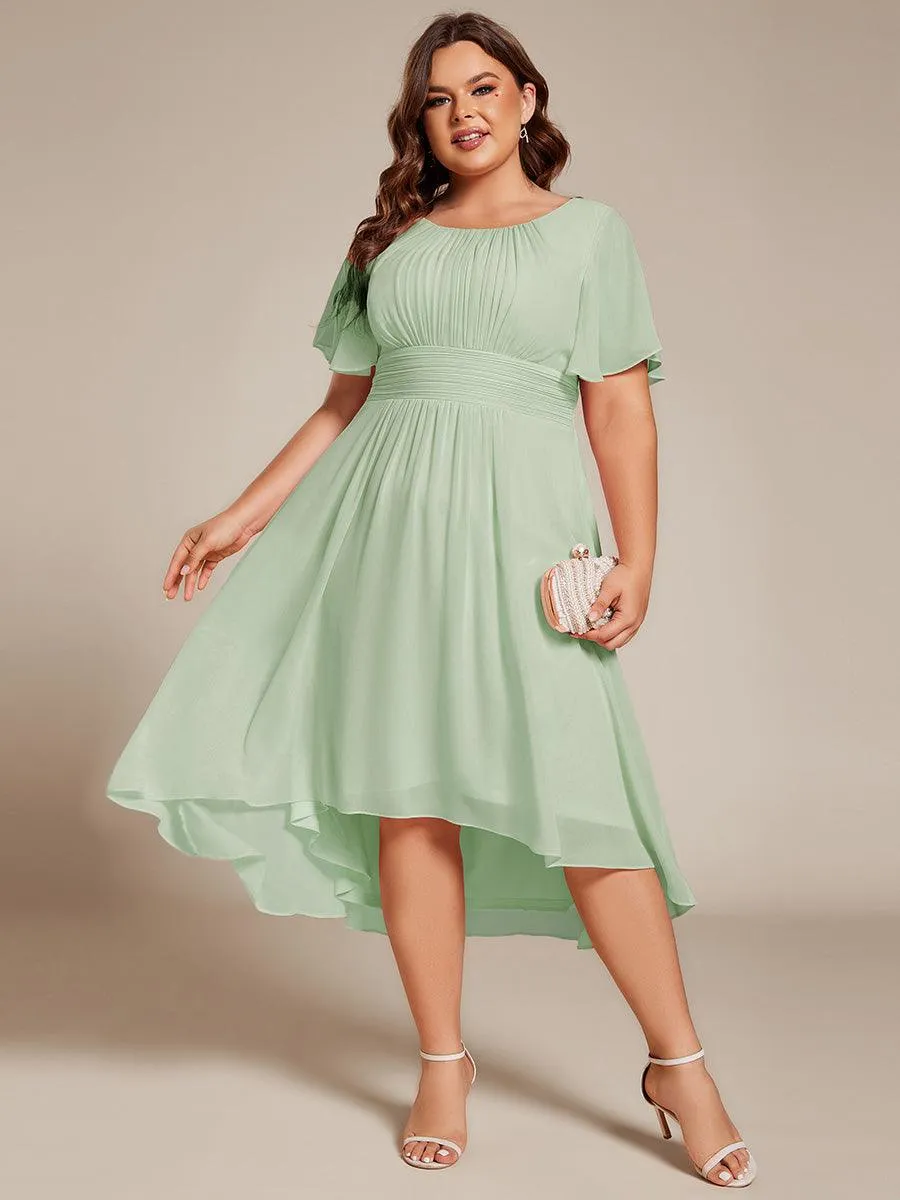 Robe d'invité de mariage trapèze en mousseline fluide à encolure ronde et longueur au genou
