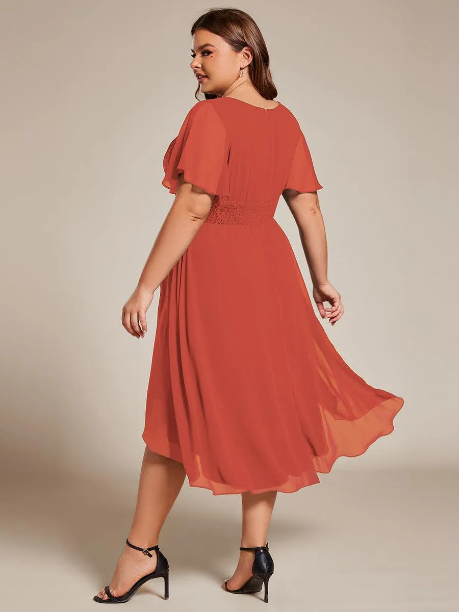 Robe d'invité de mariage trapèze en mousseline fluide à encolure ronde et longueur au genou