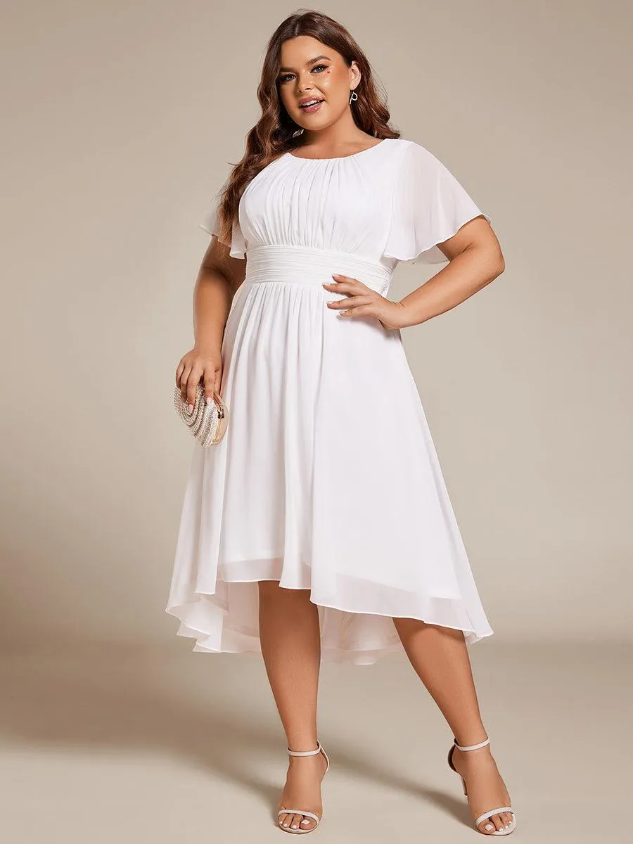 Robe d'invité de mariage trapèze en mousseline fluide à encolure ronde et longueur au genou