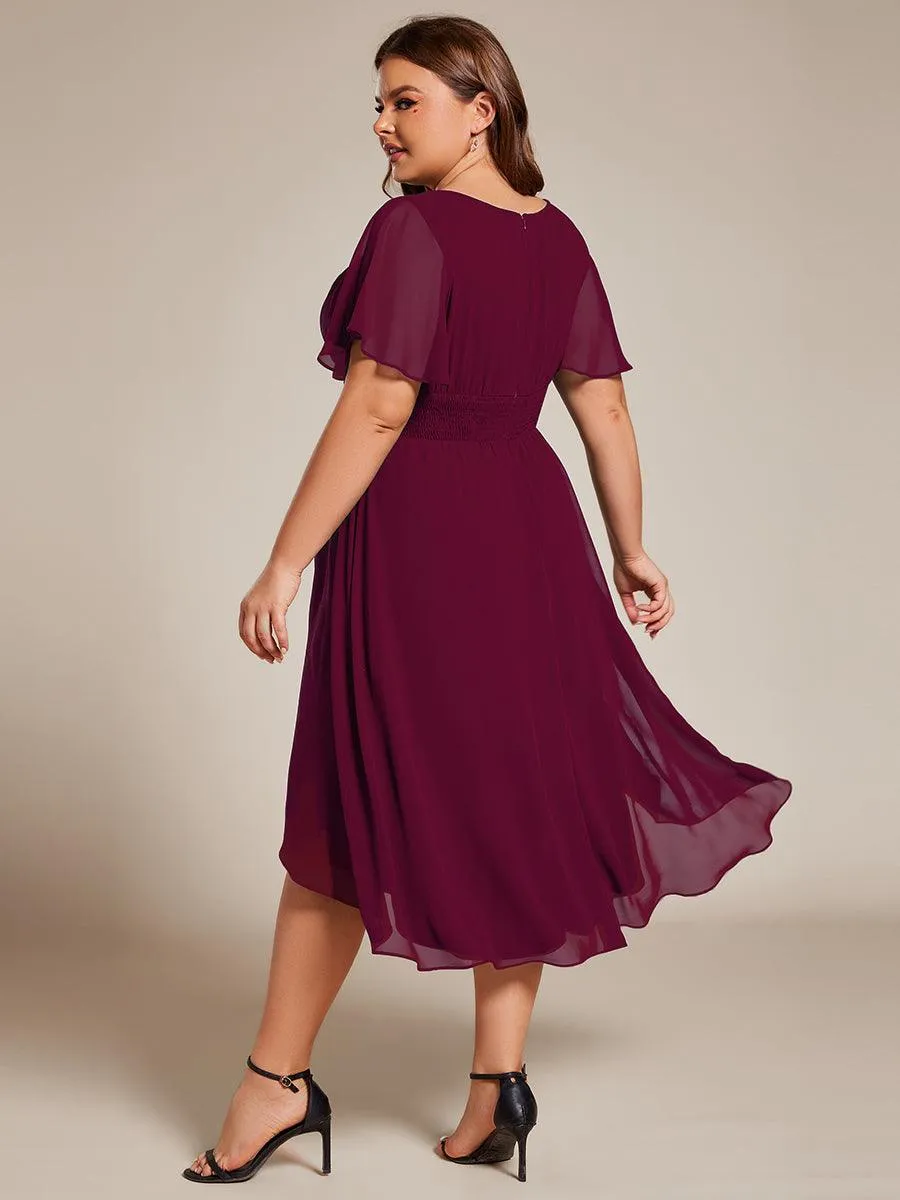 Robe d'invité de mariage trapèze en mousseline fluide à encolure ronde et longueur au genou