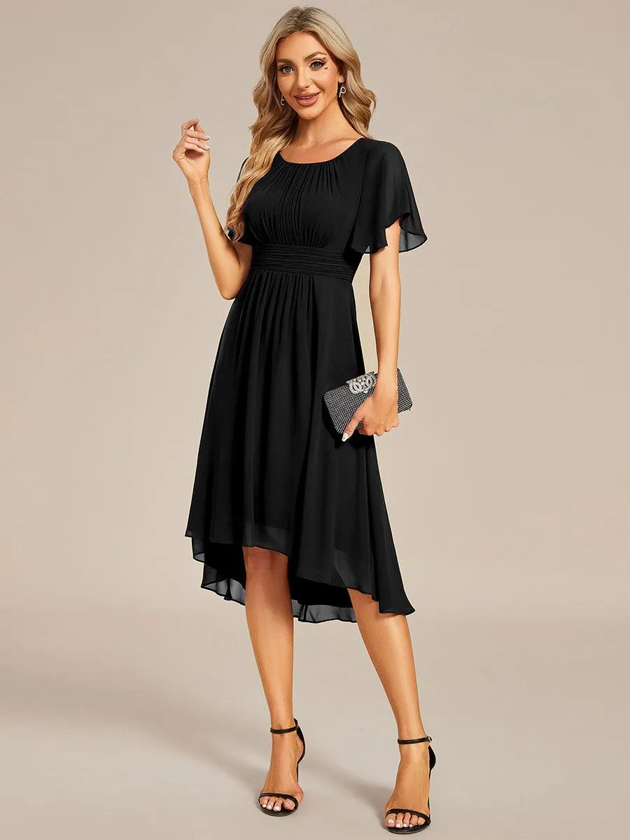 Robe d'invité de mariage trapèze en mousseline fluide à encolure ronde et longueur au genou