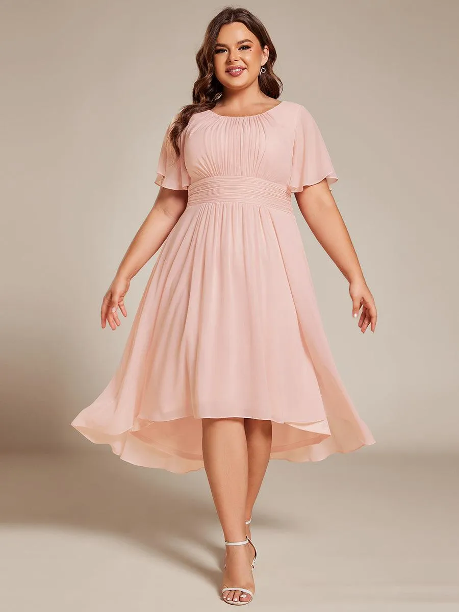 Robe d'invité de mariage trapèze en mousseline fluide à encolure ronde et longueur au genou