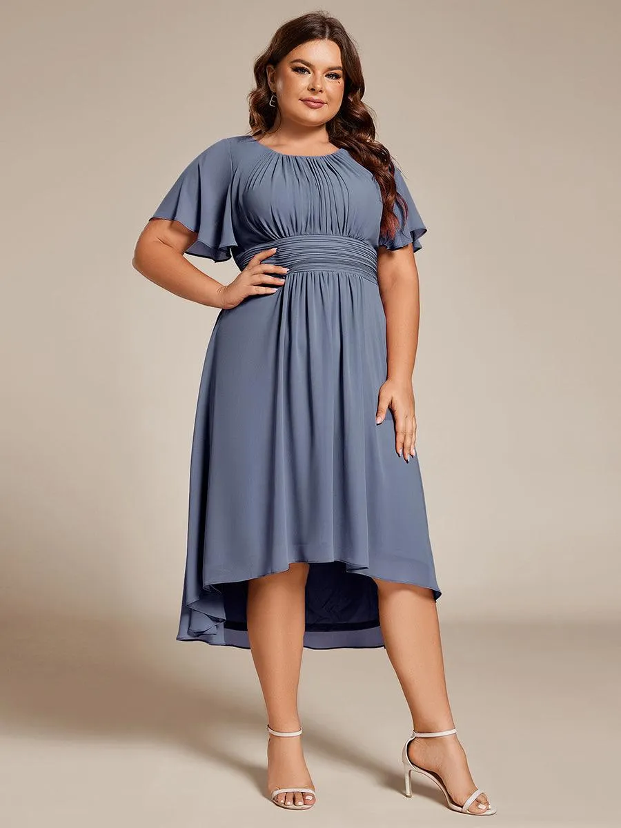 Robe d'invité de mariage trapèze en mousseline fluide à encolure ronde et longueur au genou