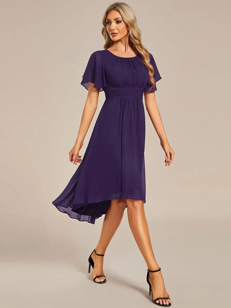 Robe d'invité de mariage trapèze en mousseline fluide à encolure ronde et longueur au genou