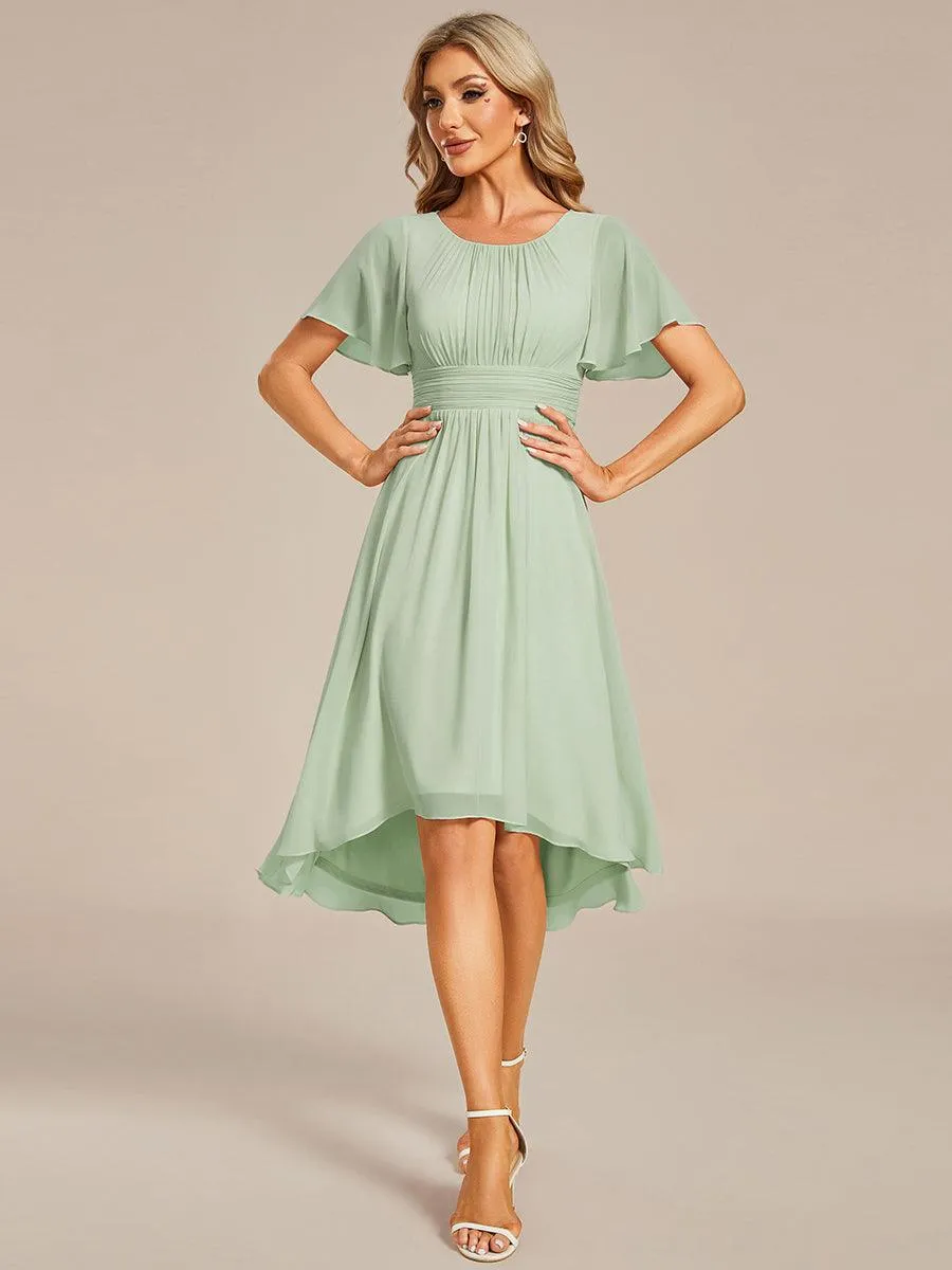 Robe d'invité de mariage trapèze en mousseline fluide à encolure ronde et longueur au genou