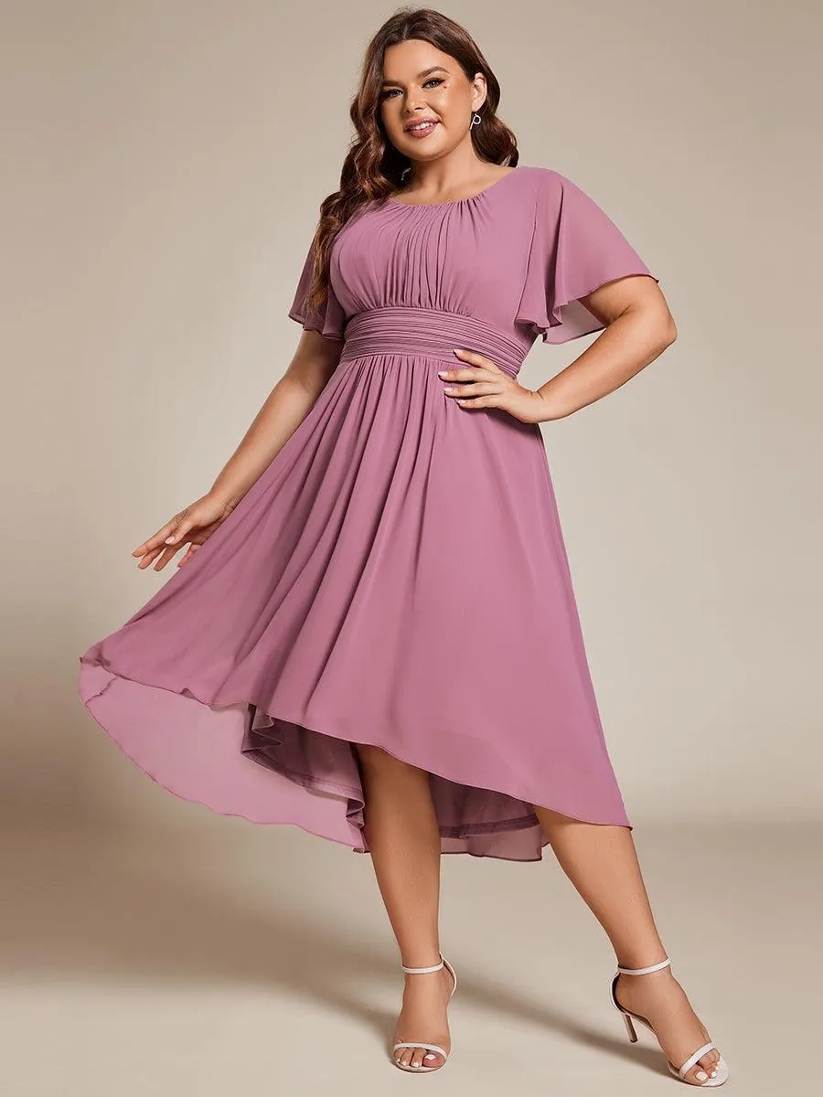 Robe d'invité de mariage trapèze en mousseline fluide à encolure ronde et longueur au genou