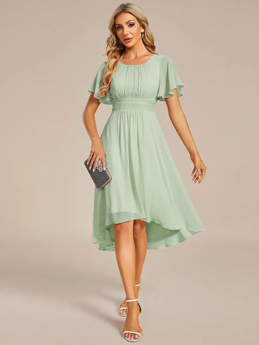 Robe d'invité de mariage trapèze en mousseline fluide à encolure ronde et longueur au genou