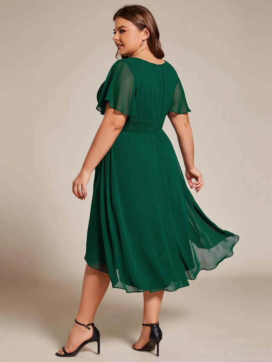 Robe d'invité de mariage trapèze en mousseline fluide à encolure ronde et longueur au genou