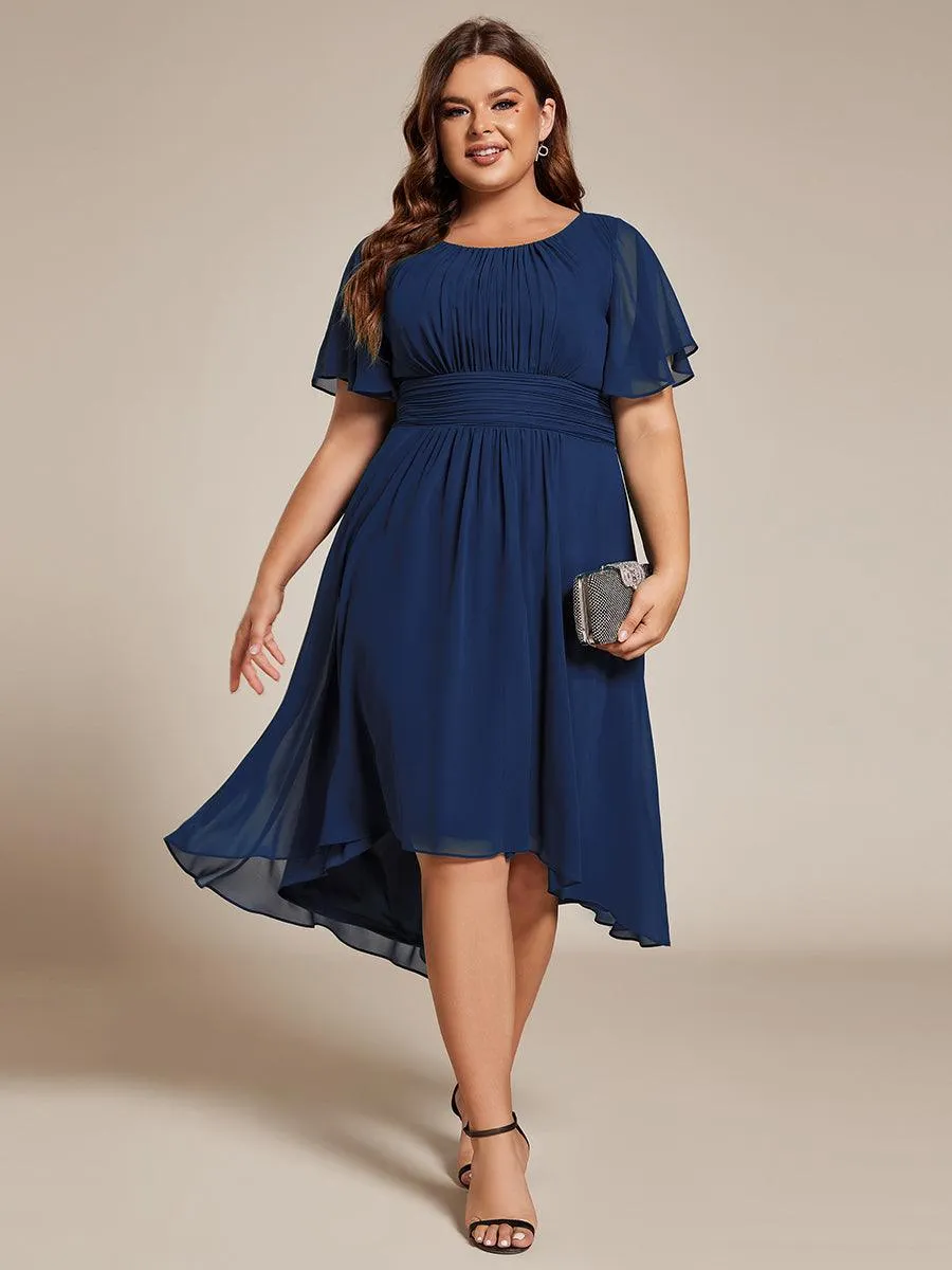 Robe d'invité de mariage trapèze en mousseline fluide à encolure ronde et longueur au genou