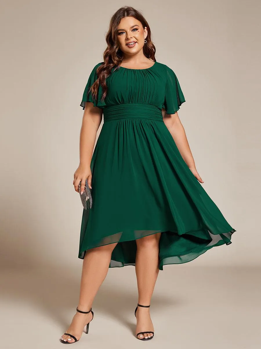 Robe d'invité de mariage trapèze en mousseline fluide à encolure ronde et longueur au genou