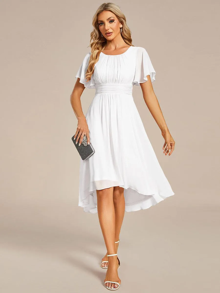 Robe d'invité de mariage trapèze en mousseline fluide à encolure ronde et longueur au genou
