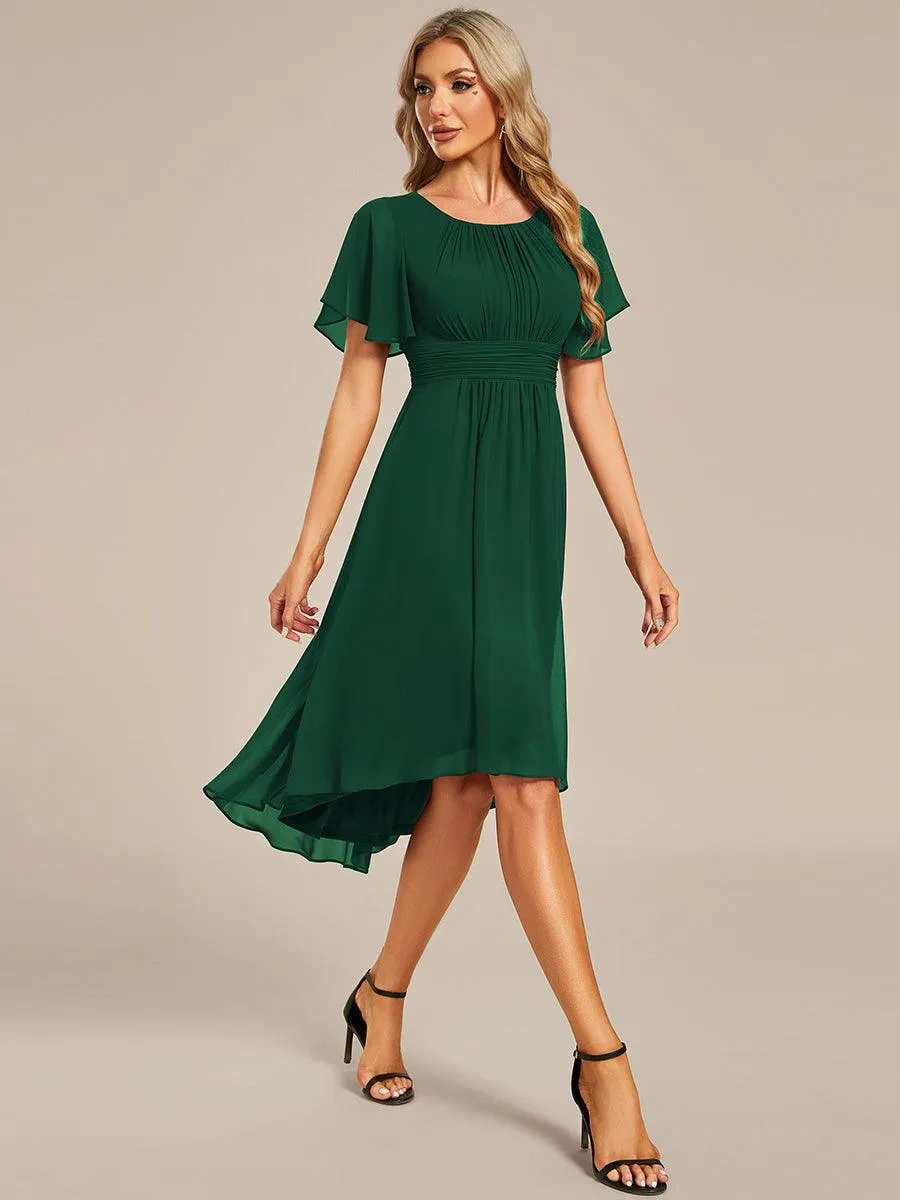 Robe d'invité de mariage trapèze en mousseline fluide à encolure ronde et longueur au genou