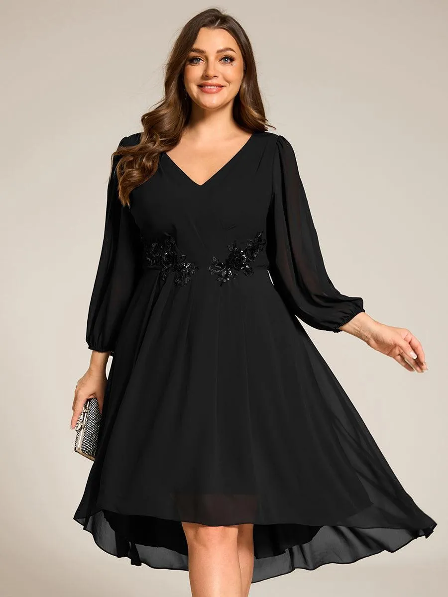 Robe d'invitée de mariage en mousseline à manches longues et col en V grande taille