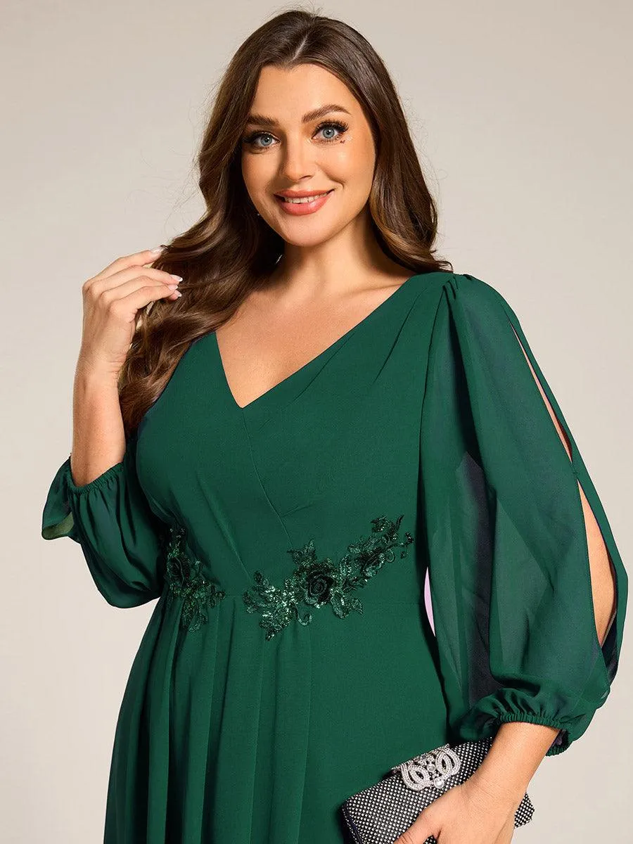 Robe d'invitée de mariage en mousseline à manches longues et col en V grande taille