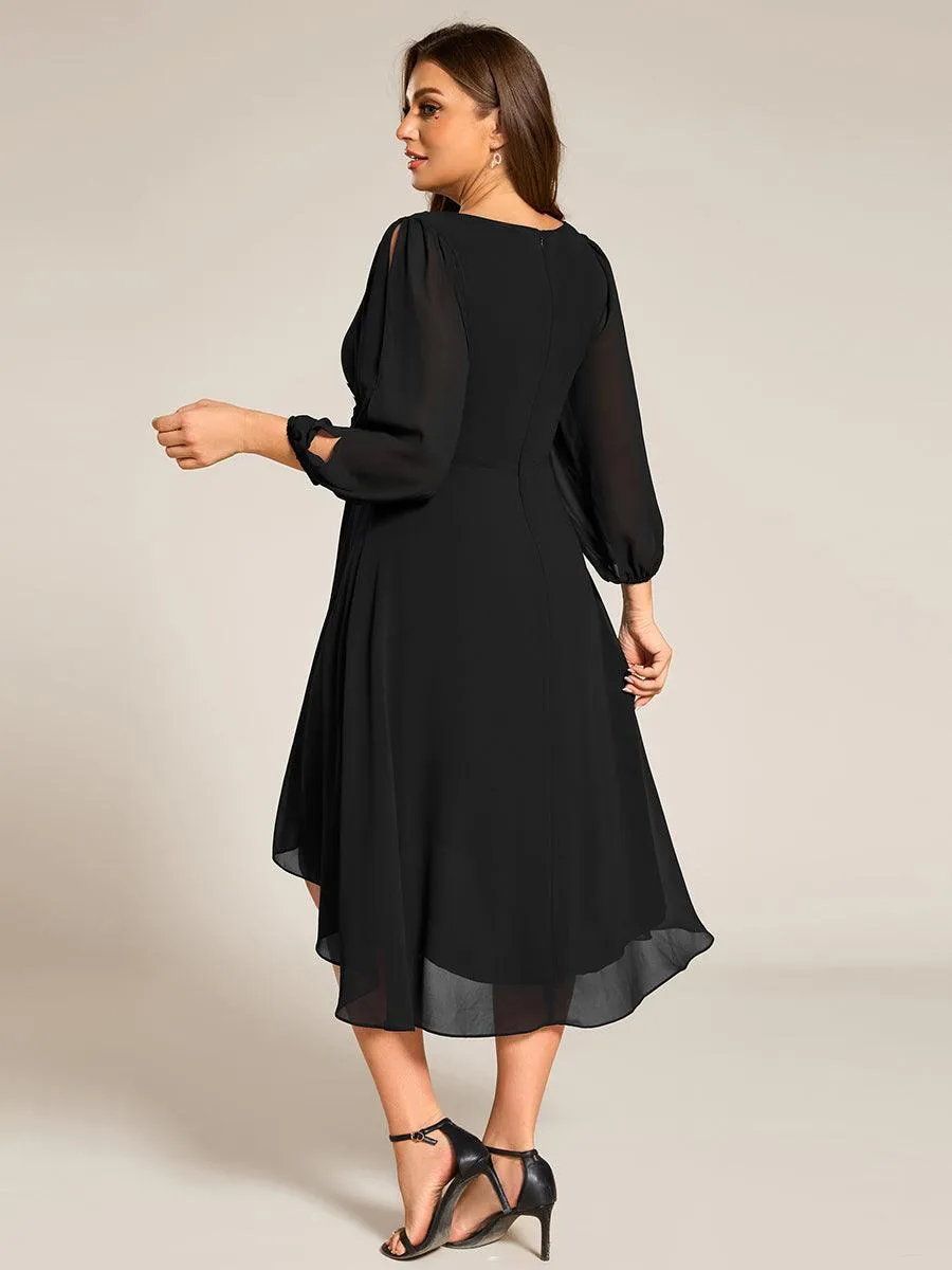 Robe d'invitée de mariage en mousseline à manches longues et col en V grande taille