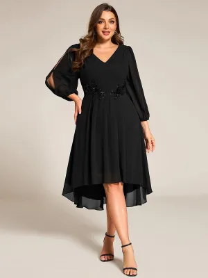 Robe d'invitée de mariage en mousseline à manches longues et col en V grande taille