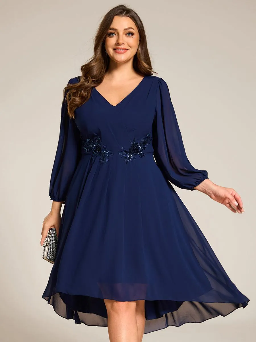 Robe d'invitée de mariage en mousseline à manches longues et col en V grande taille