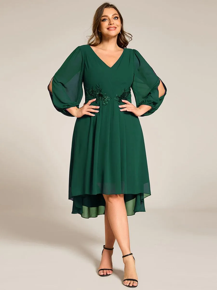 Robe d'invitée de mariage en mousseline à manches longues et col en V grande taille