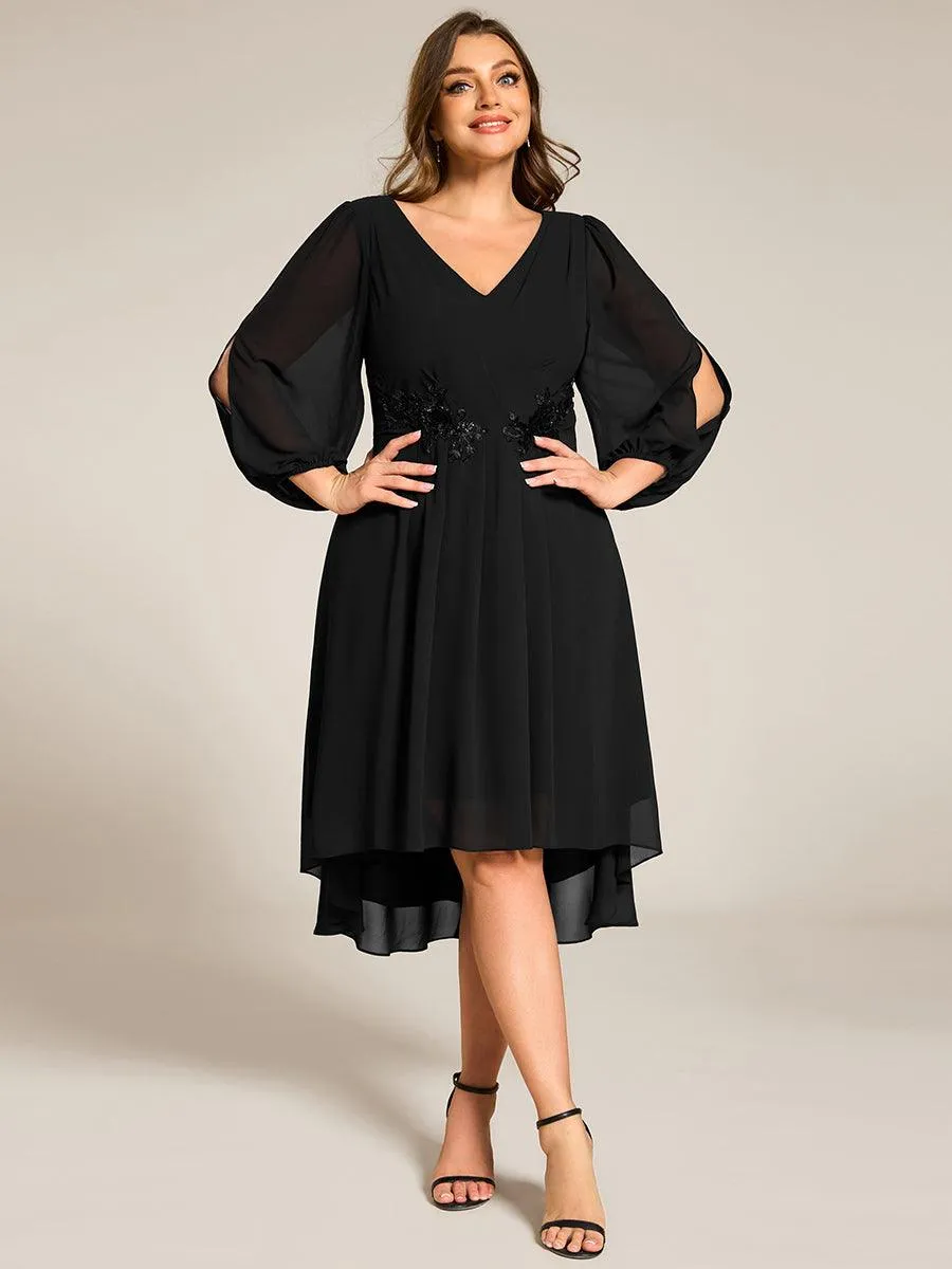 Robe d'invitée de mariage en mousseline à manches longues et col en V grande taille