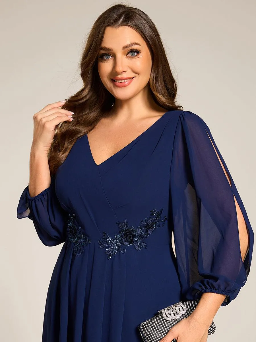 Robe d'invitée de mariage en mousseline à manches longues et col en V grande taille