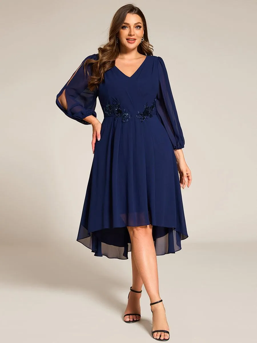 Robe d'invitée de mariage en mousseline à manches longues et col en V grande taille