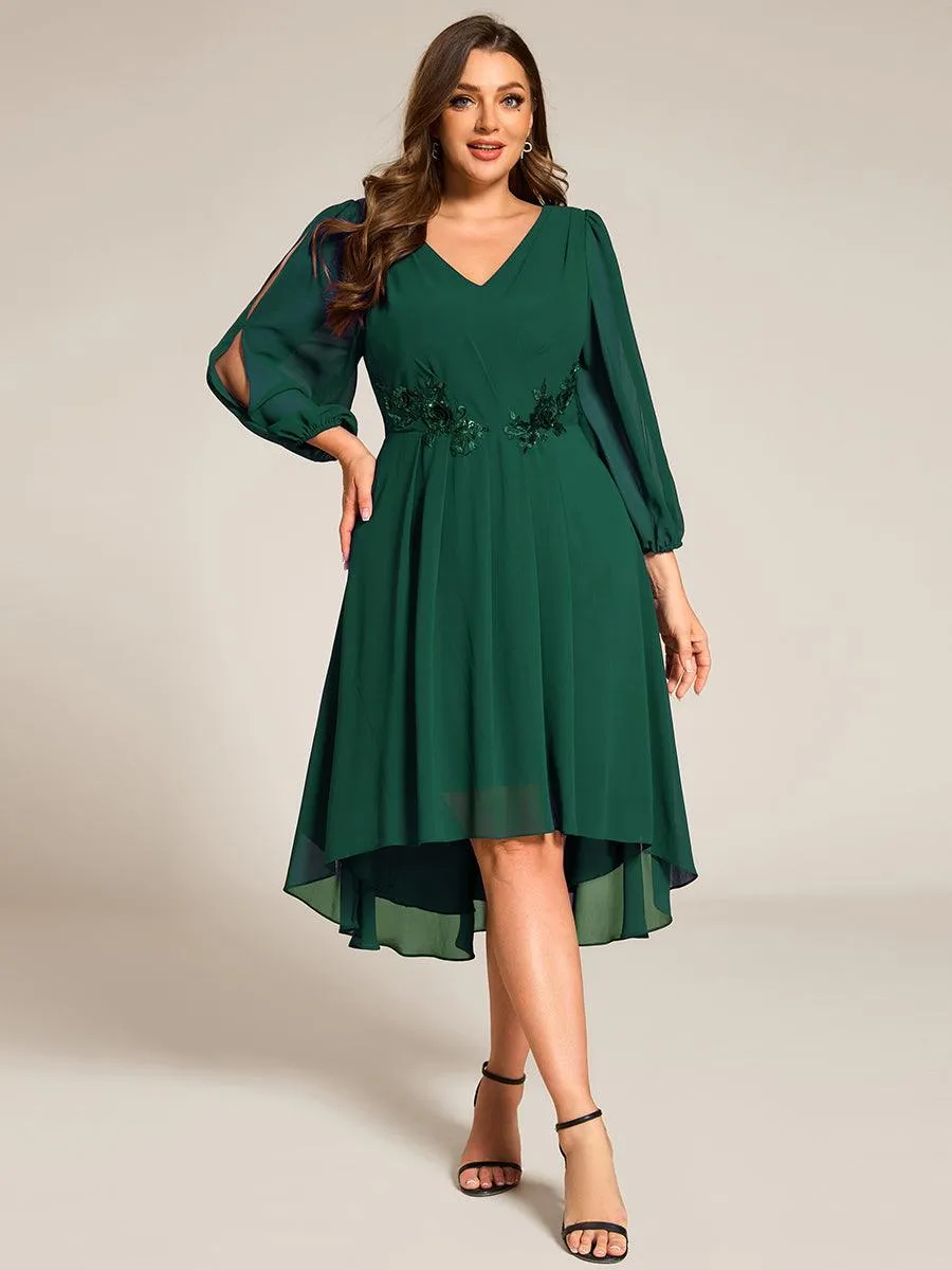 Robe d'invitée de mariage en mousseline à manches longues et col en V grande taille