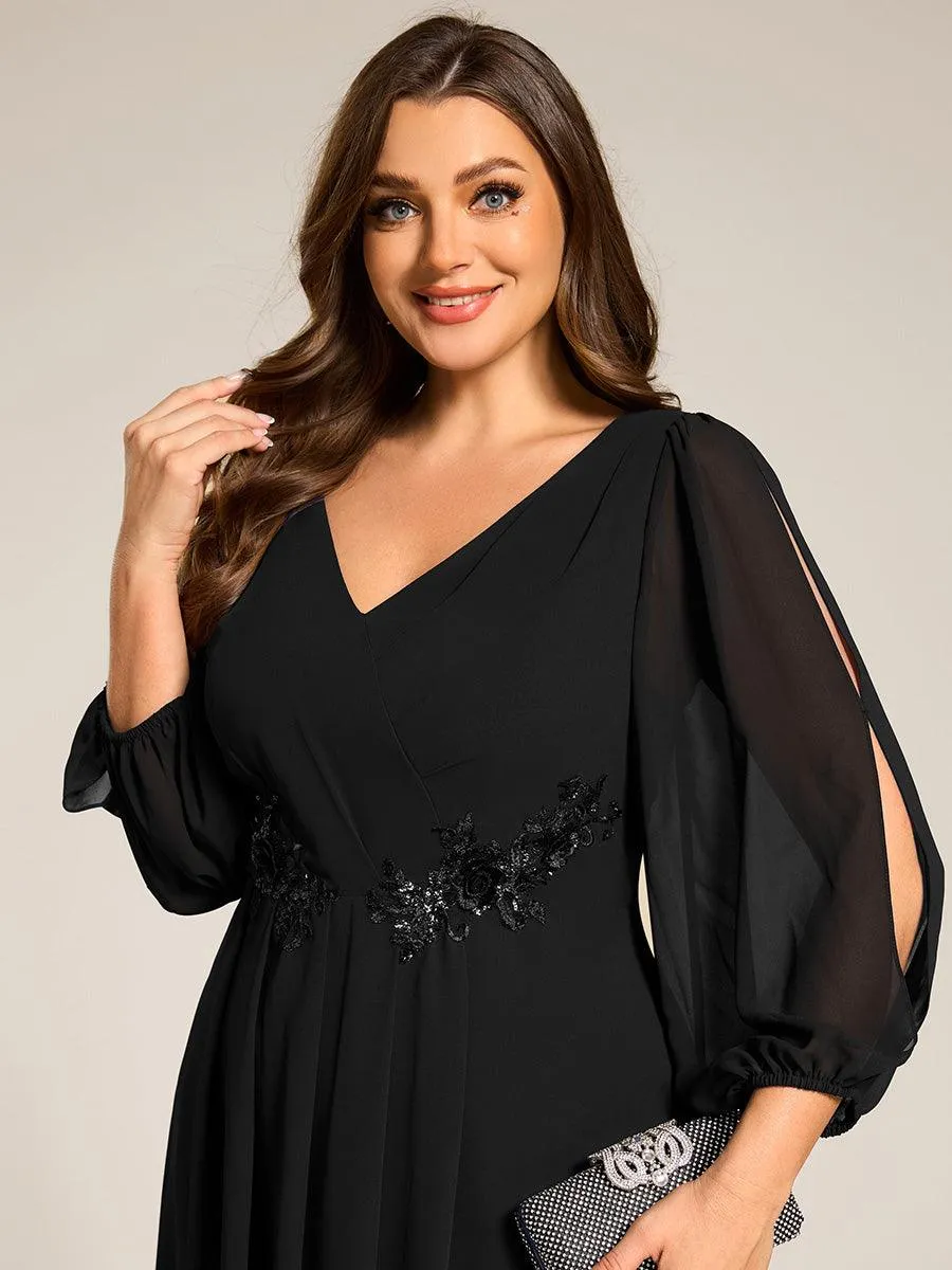 Robe d'invitée de mariage en mousseline à manches longues et col en V grande taille