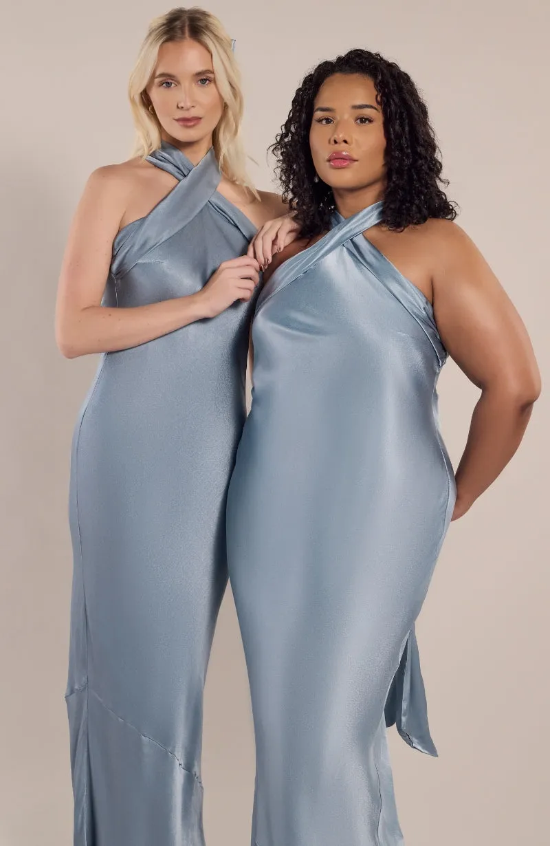 Roma Dress in Pale Blue Satin