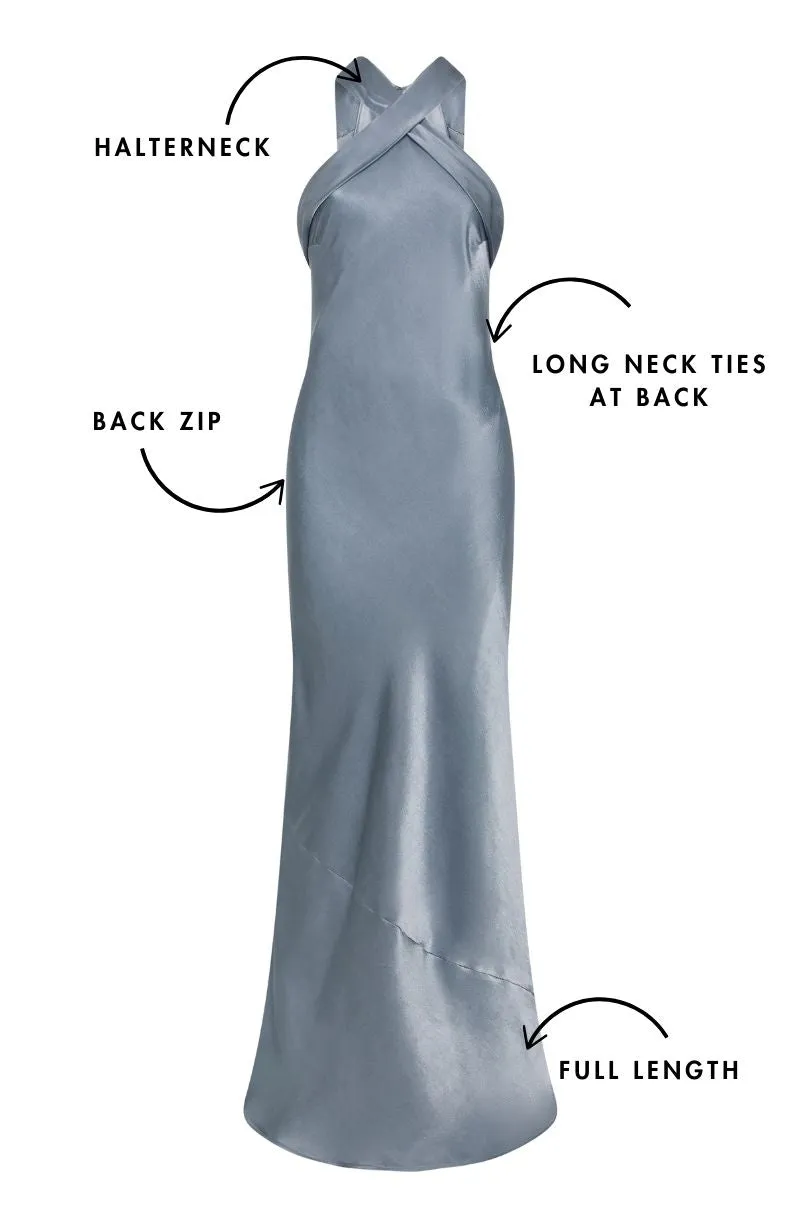 Roma Dress in Pale Blue Satin
