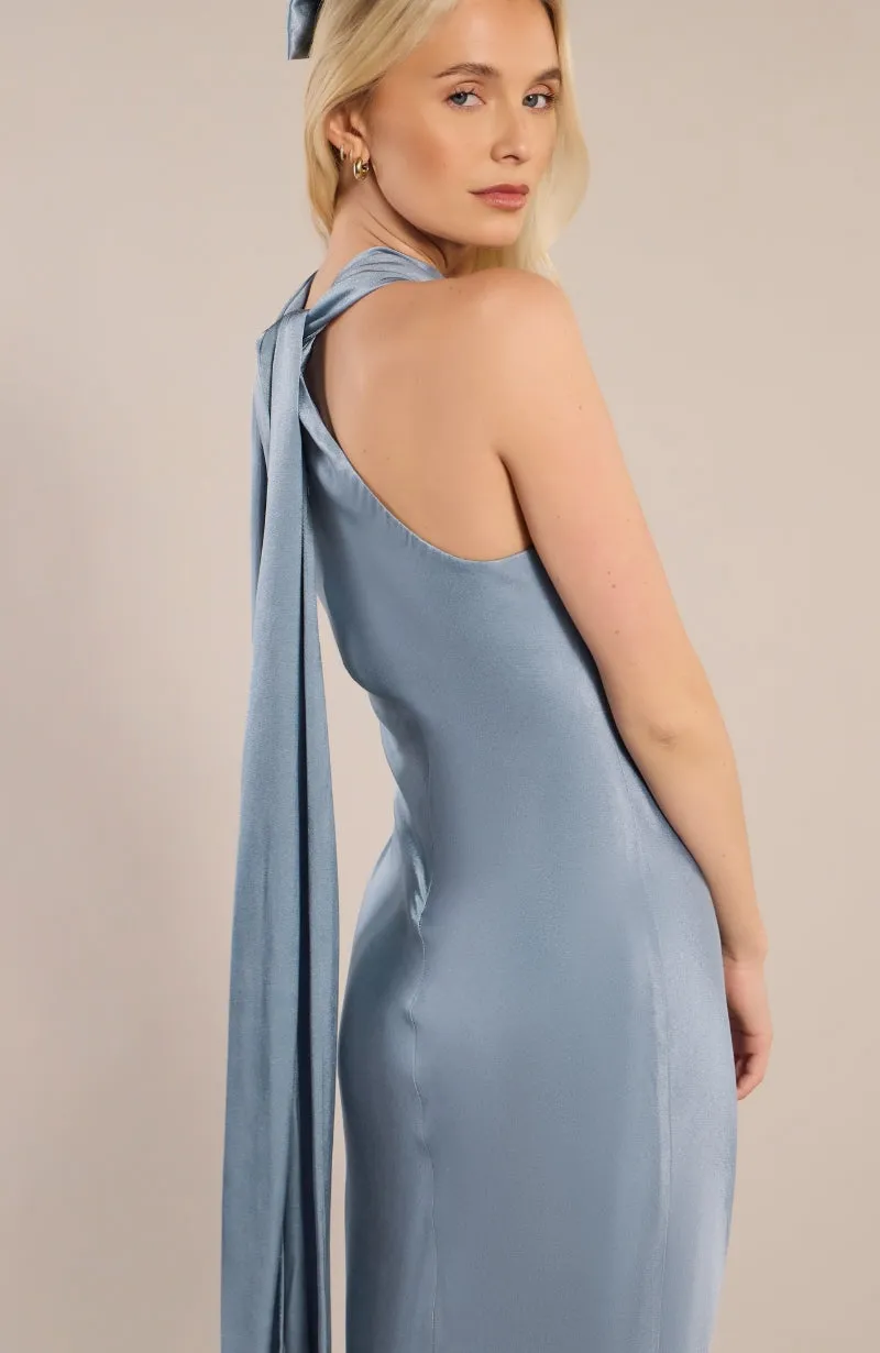 Roma Dress in Pale Blue Satin