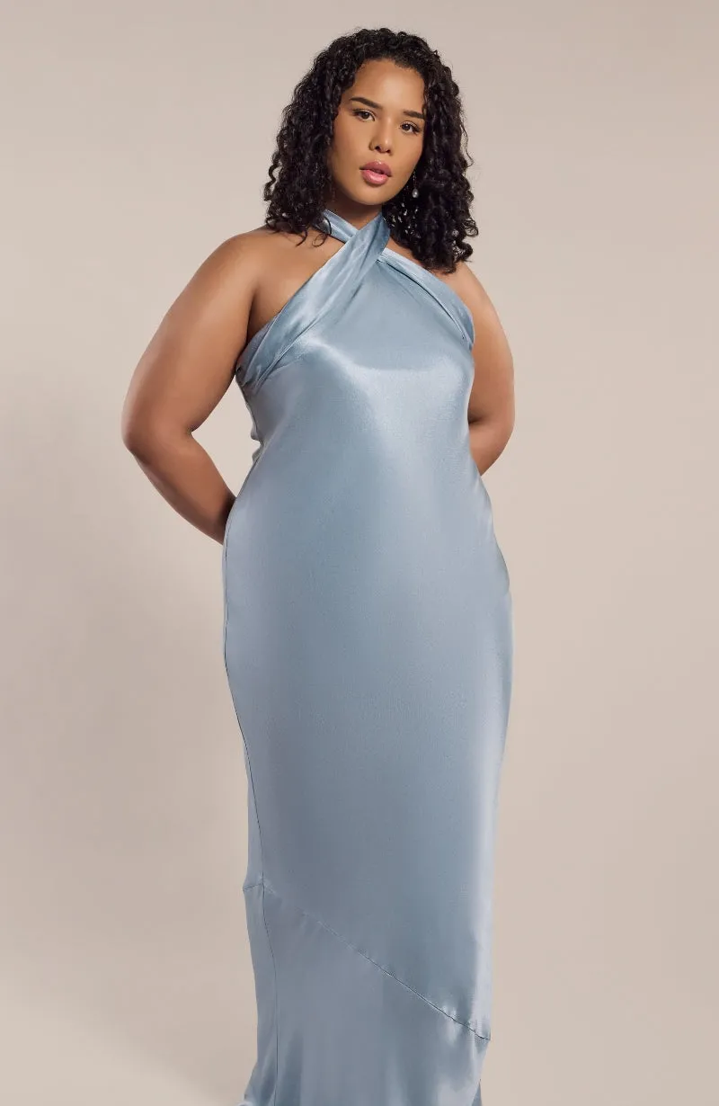 Roma Dress in Pale Blue Satin