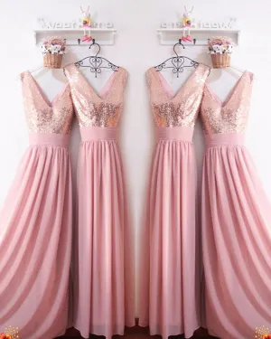 Rose Gold Sequins Dusty Pink Chiffon Bridesmaid Dresses Ruffles V-Neck Floor Length